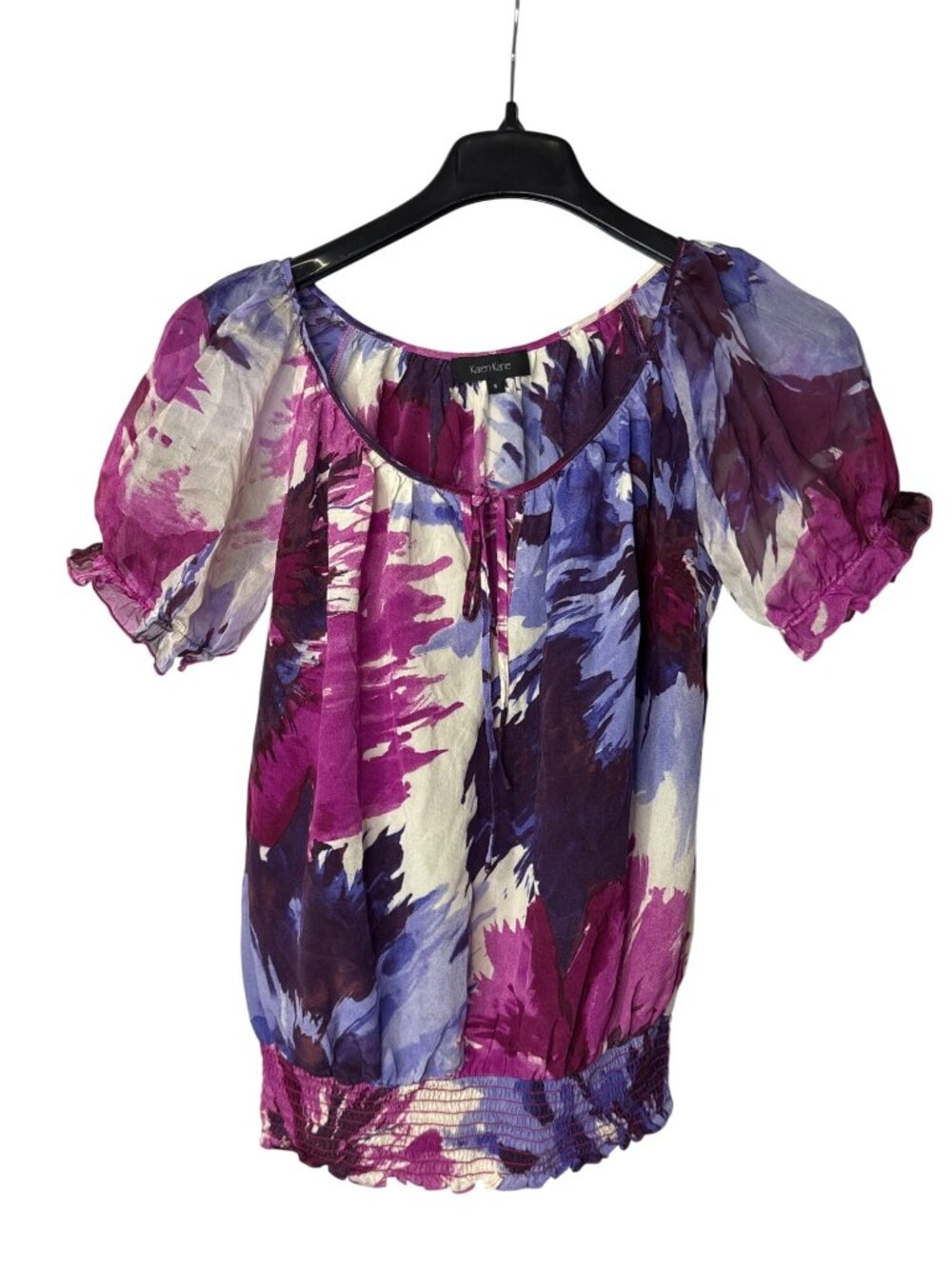 Karen Kane Womens Silk Blouse Top Size S Tie Keyhole Front Smocked Abstract